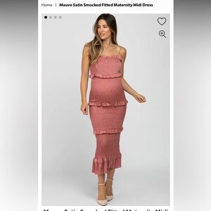 NWOT pink blush Mauve Satin Smocked Fitted Maternity Midi Dress